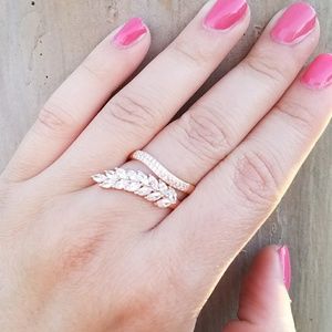 Rose Gold Plated Leaf Ring w/AAA CZ Micro Pave Stones Size 8